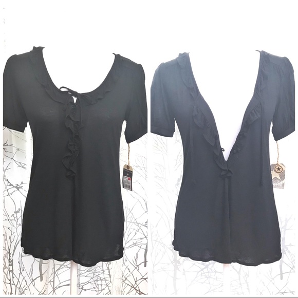 Converse Tops - Converse all black ruffle button up string tie round neck short sleeve shirt top